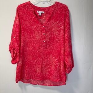 Tommy Bahama Womens Coral Pink Tropical Floral Cotton Roll Tab Sleeve Tunic L